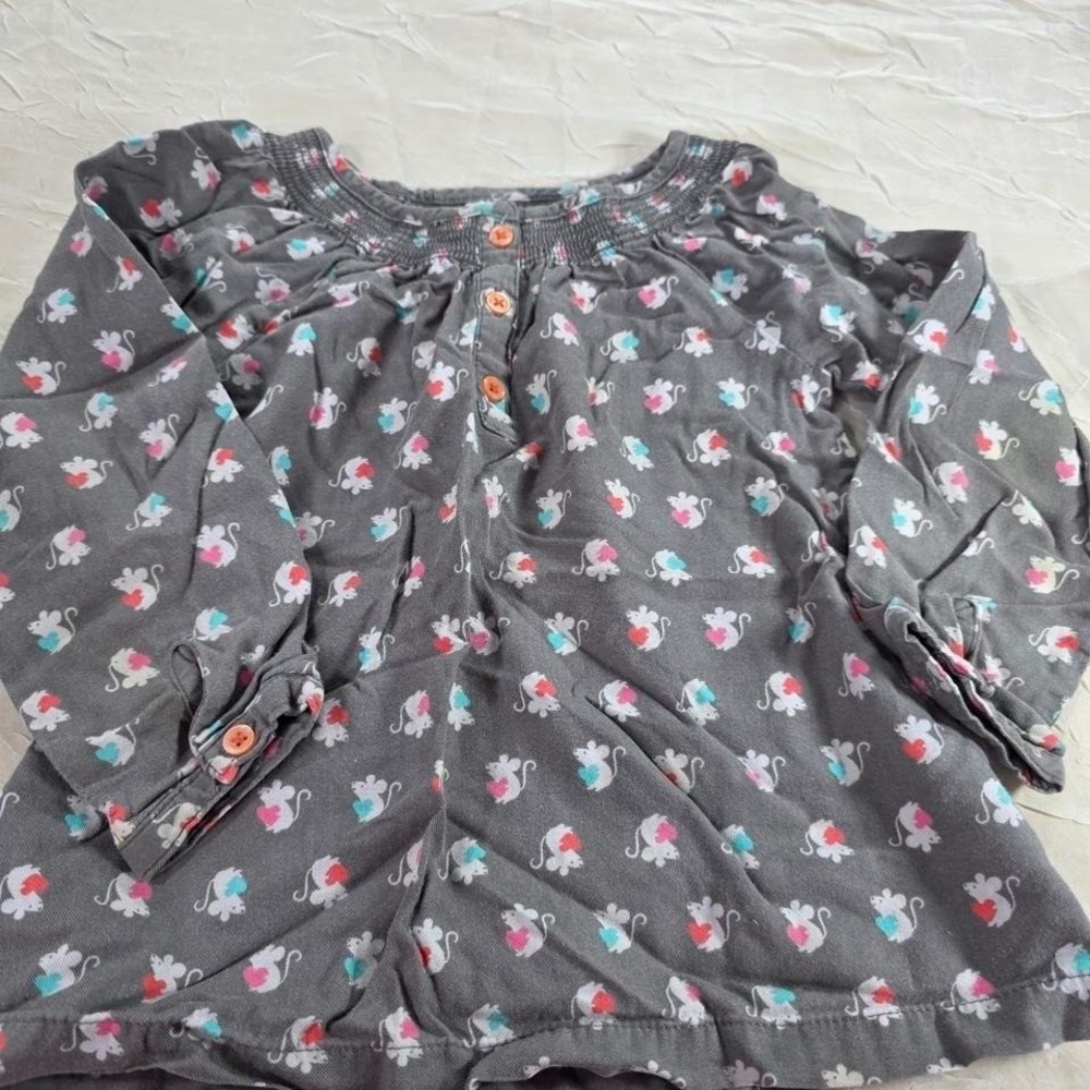 Carters Toddler Girls Mouse Heart Print Smocked Blouse Grey Orange Button 4T